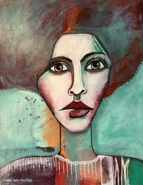 Semi-abstract portrait in acrylic, bright and colorful, by Sally Van Nuys, Hair-Do