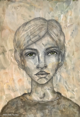 Acrylic and graphite portrait 15x10, Lost in Thought, by Sally Van Nuys