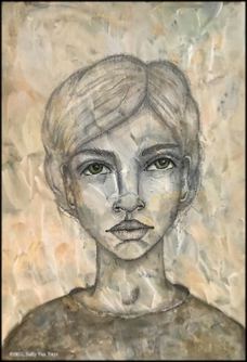 Acrylic and graphite portrait 15x10, Lost in Thought, by Sally Van Nuys