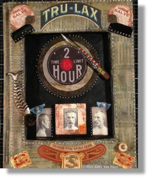 Original assemblage art by Sally Van Nuys inside a cutaway encyclopedia, 2-Hour Time Limit