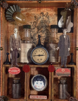 Original assemblage art by Sally Van Nuys, Gauges & Bottles