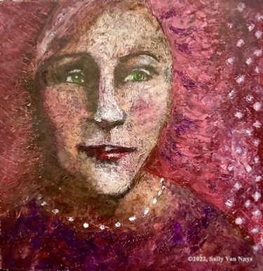 Cold wax and oil painting by Sally Van Nuys, Beguiled woman in pink