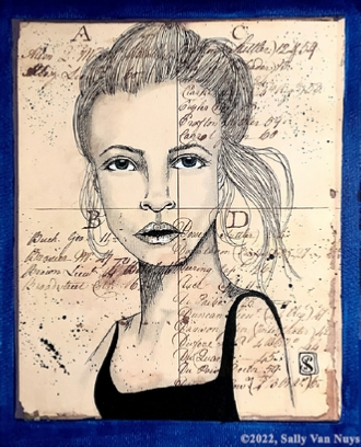 Original inked portrait on old French ledger page (print) by Sally Van Nuys