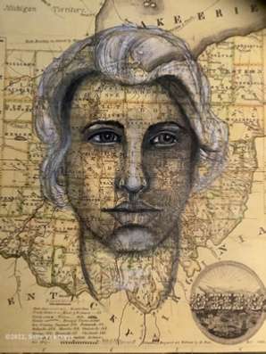 Graphite portrait drawn on print of an antique map of Ohio by Sally Van Nuys