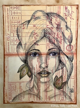 Mixed media portrait on old papers (prints) by Sally Van Nuys