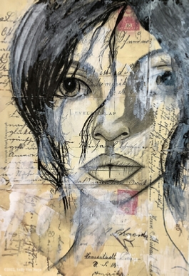 Dramatic mixed media portrait by Sally Van Nuys on copies of old letters