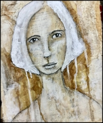 Mixed media portrait ovr collaged background by Sally Van Nuys