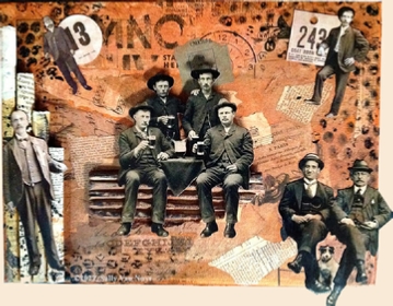 Mixed Media Collage on Canvas, Old Men's Club by Sally Van Nuys