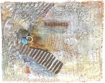 Mixed Media Collage Art on Architextures board by Sally Van Nuys, Happiness